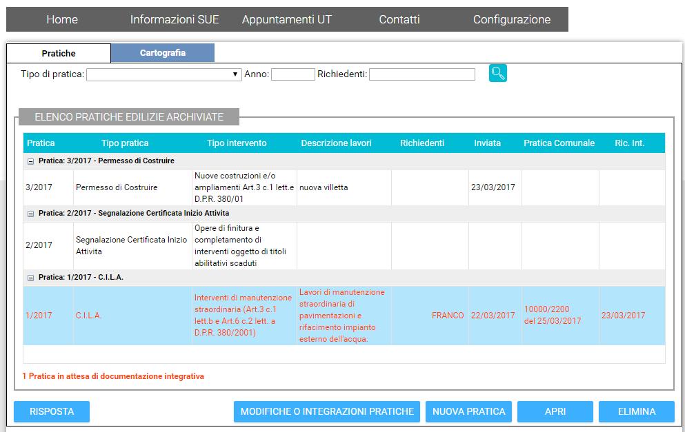 RICHIESTE DI INTEGRAZIONE DOCUMENTALE E GESTIONE DI ALTRI EVENTI PER PRATICHE SUE All interno del Portale SUE Comunale, sono presenti funzioni per la gestione e presentazione di integrazione