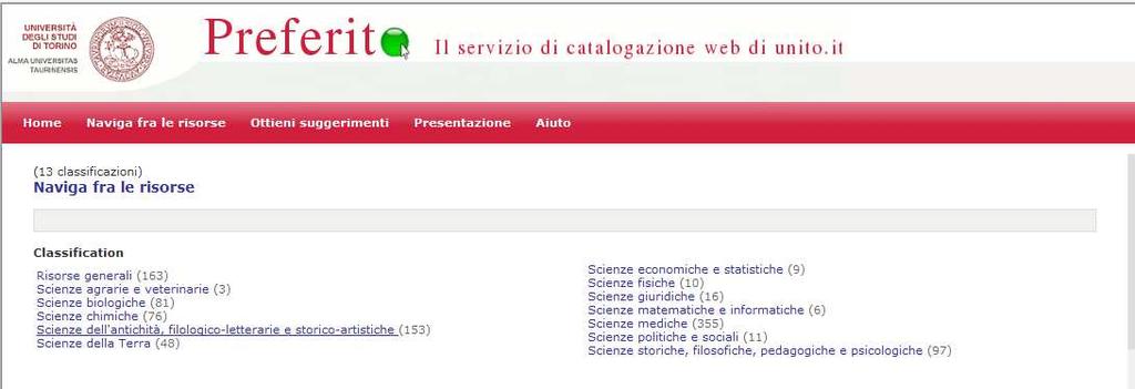 3. NAVIGA FRA LE RISORSE Scegliendo la modalità Naviga fra le risorse l Utente ha la possibilità di visionare la classificazione delle discipline e scegliere quella d interesse.