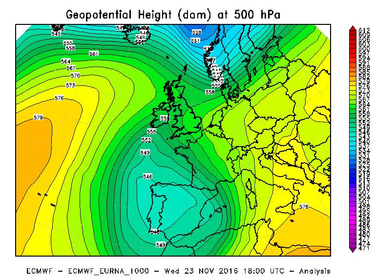 Figura 12 - Altezza di geopotenziale a 500 hpa alle ore 18 UTC del 23 novembre 2016.