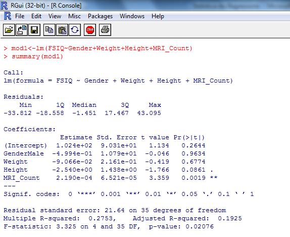 ANOVA > mod2<-lm(fsiq~height+mri_count) > summary(mod2) = 2 ( 2 yz{{.= 0) Call: lm(formula = FSIQ ~ Height + MRI_Count) _ = 4 Residuals: Min 1Q Median 3Q Max -33.967-18.515-1.064 17.590 43.