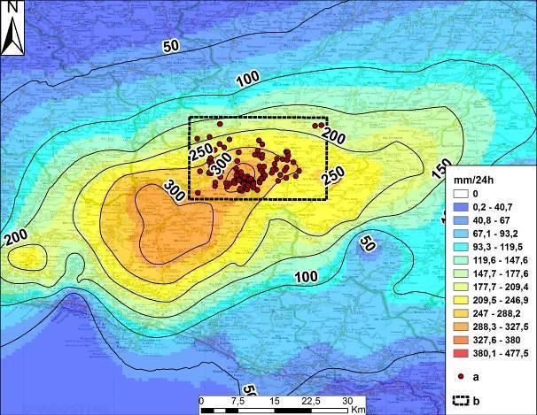 L alluvione del 2015: le colate detritiche Mappa delle precipitazioni cumulate interpolate fra i pluviometri Cumulative rainfall Map