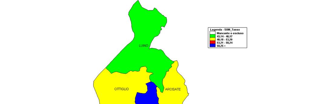 Cartina 2 Tasso cumulativo di abortività spontanea x 1000 donne, per Distretto di residenza nell ASL della Provincia di Varese.