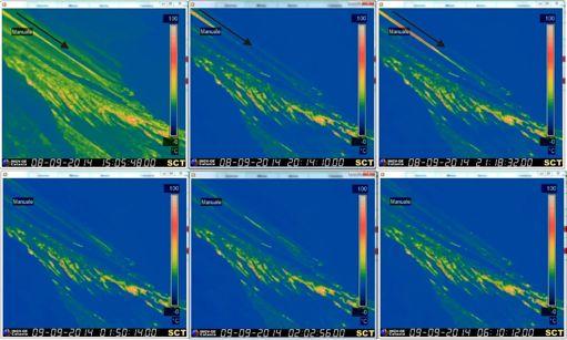 " Figura" 2" Immagini termiche riprese dalla telecamera di quota 190: le immagini in alto mostrano il fronte attivo