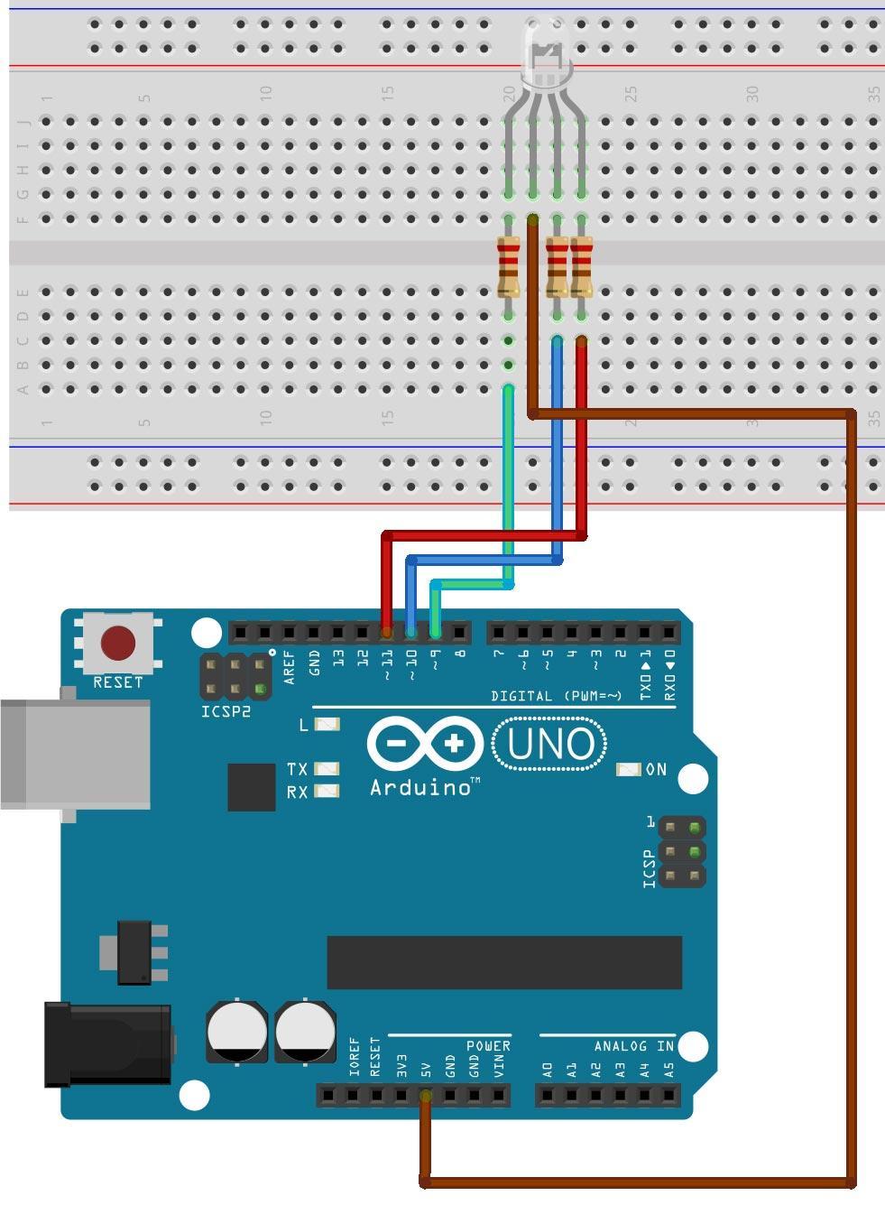 Funzionamento del LED RGB LED RGB 1/3 sketch25 Realizzare il circuito rappresentato in figura e implementiamo lo sketch che consente di realizzare una variazione continua e graduale: 1. 2. 3.