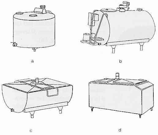 Gli impianti di refrigerazione 113 Fig. 84. Forme delle vasche refrigeranti: a) cilindrico-verticale; b) cilindrico-orizzontale; c) emicilindrica ; d) parallelepipeda.