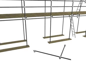 Step B: Due lavoratori posizionati su due impalcati successivi, completi di parapetti e tavola fermapiede, monteranno la struttura portante della mantovana.