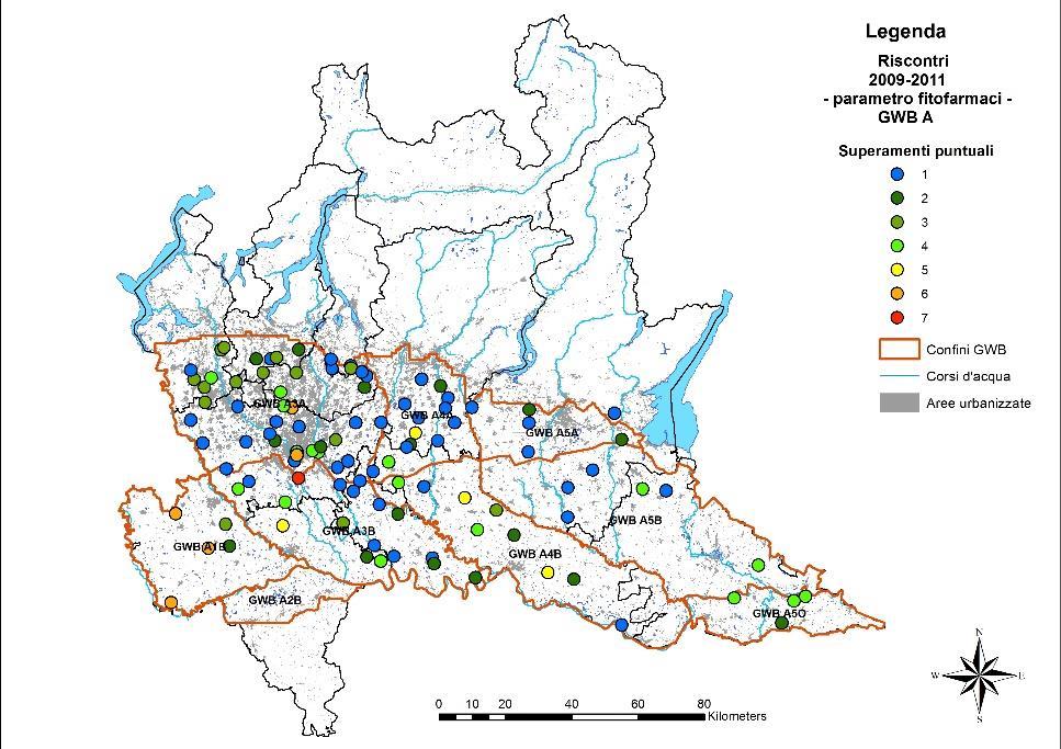 Approfondimenti Fitofarmaci nelle acque sotterranee Punti della rete di monitoraggio in cui sono stati riscontrati valori medi annui superiori ai valori degli standard
