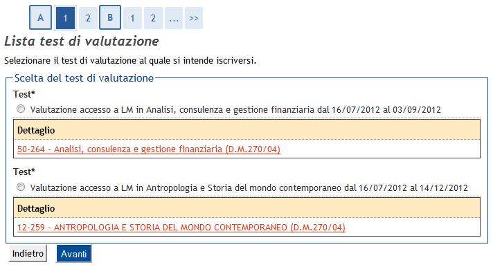 Fig. 12 Elenco dei Corsi di Laurea magistrale disponibili Se la procedura di valutazione prevede la scelta delle lingue ti sarà chiesto di elencare le