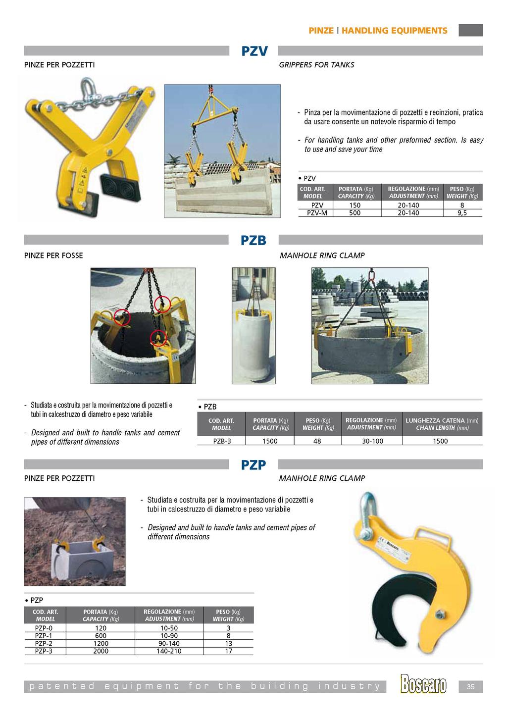 PINZE PER POZZETTI PZV GRIPPERS FOR TANKS Pinza per la movimentazione di pozzetti e recinzioni, pratica da usare consente un notevole risparmio di tempo For handling tanks and other preformed section.