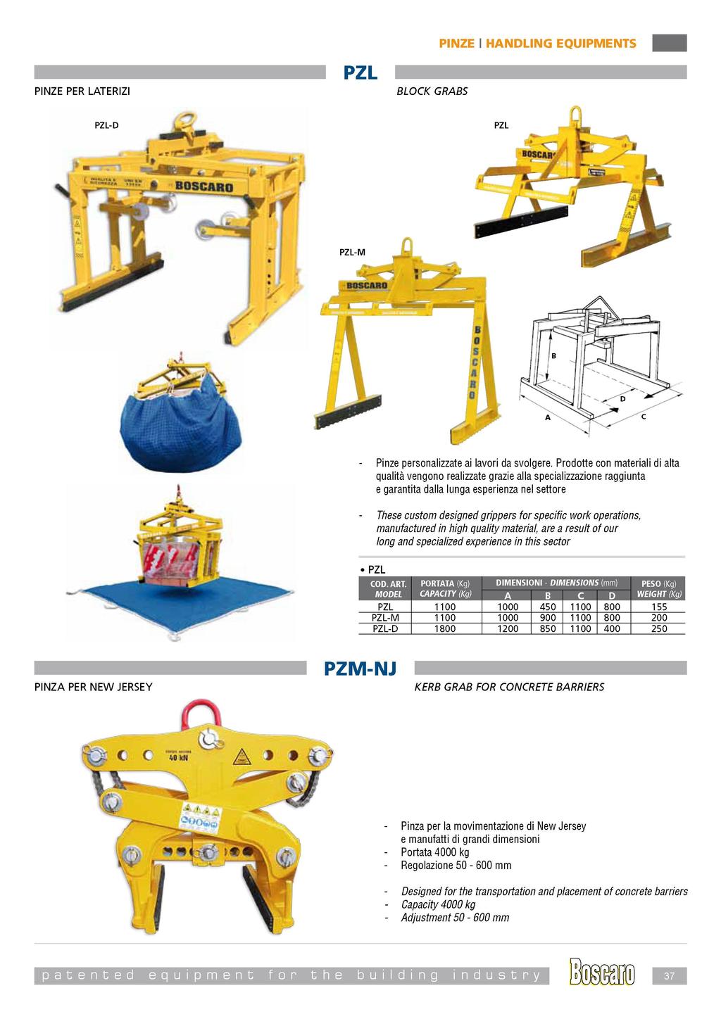 PINZE PER LATERIZI PZL BLOCK GRABS Pinze personalizzate ai lavori da svolgere.