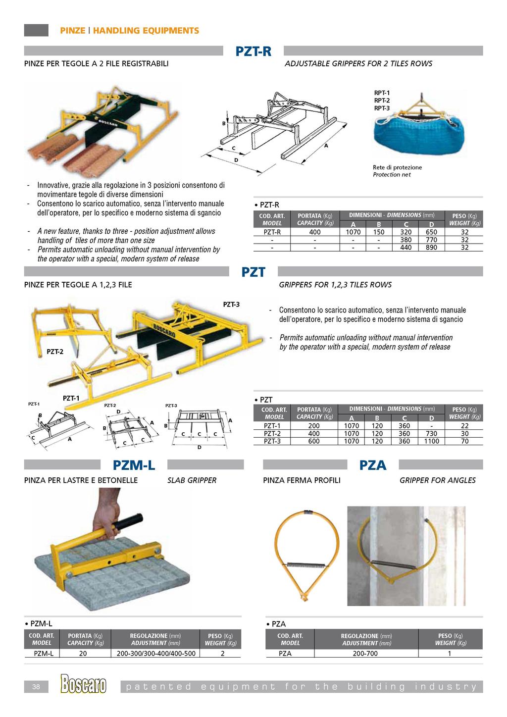 PINZE PER TEGOLE A 2 FILE REGISTRABILI PZT-R ADJUSTABLE GRIPPERS FOR 2 TILES ROWS RPT-1 RPT-2 RPT-3 Innovative, grazie alia regolazione in 3 posizioni consentono di movimentare tegole di diverse