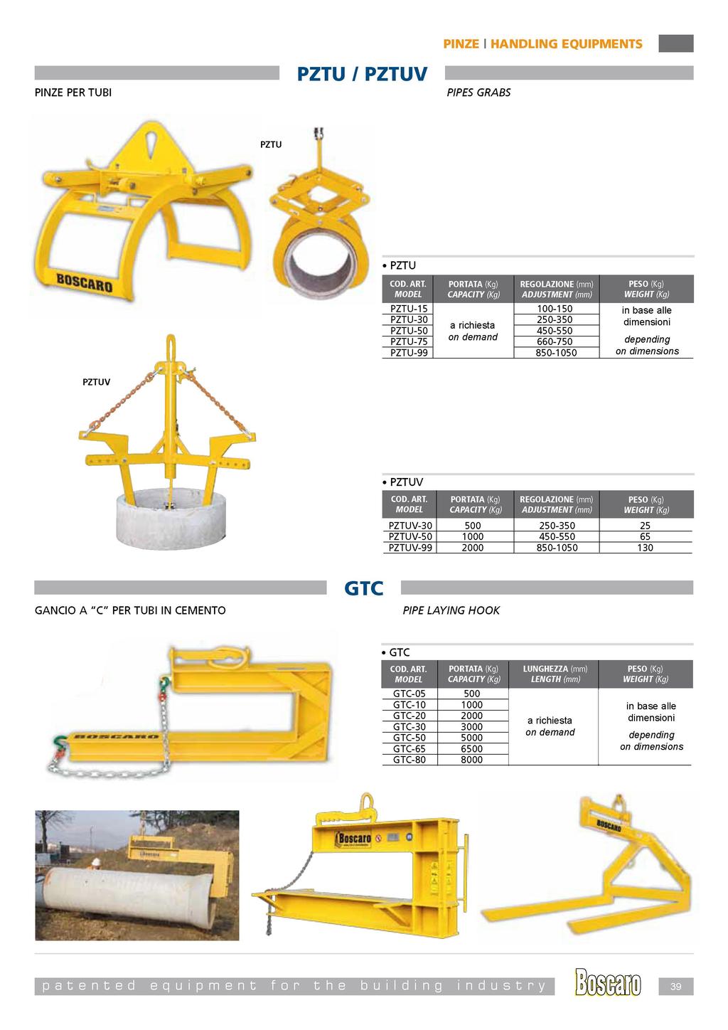 PINZE PERTUBI PZTU / PZTUV PIPES GRABS PZTU PZTU-15 100-150 in base alle PZTU-30 250-350 PZTU-50 450-550 en PZTU-75 660-750 depending PZTU-99 850-1050 on dimensions PZTUV PZTUV-30 500 250-350 25