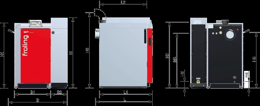 Dati tecnici Dimensioni - SP Dual compact 15 20 L Lunghezza totale, ventilatore a tiraggio indotto compreso [mm] 1080 1080 L1 Lunghezza caldaia a legna [mm] 1000 1000 L2 Lunghezza unità pellet [mm]