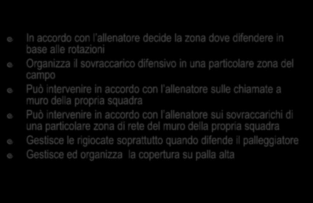 IL LIBERO PUNTO CARDINE di SISTEMA fase muro-difesa In accordo con l allenatore decide la zona dove difendere in base alle rotazioni Organizza il sovraccarico difensivo in una particolare zona del