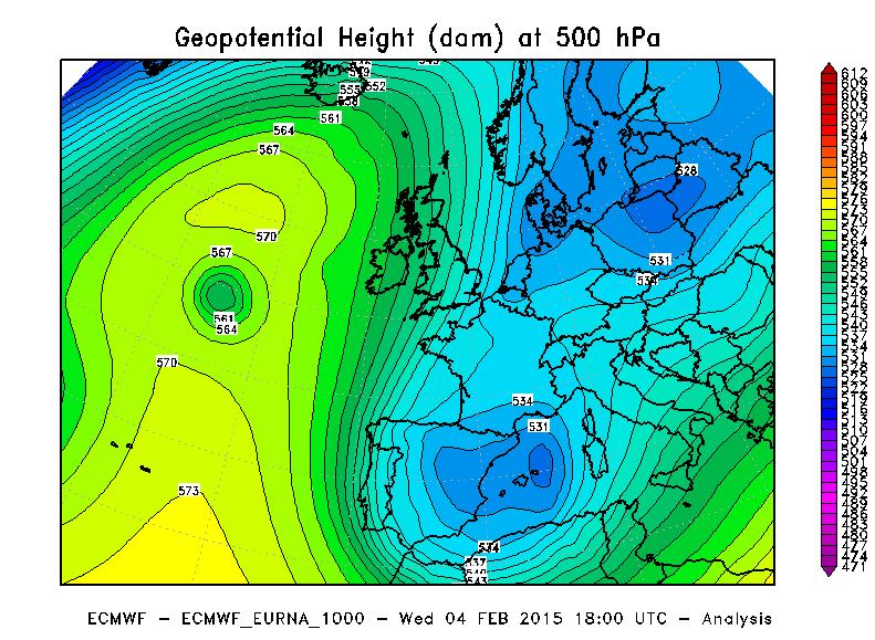 Figura 2 - Altezza di geopotenziale a 500 hpa alle ore 18 UTC del 3 Febbraio 2015 (in alto a