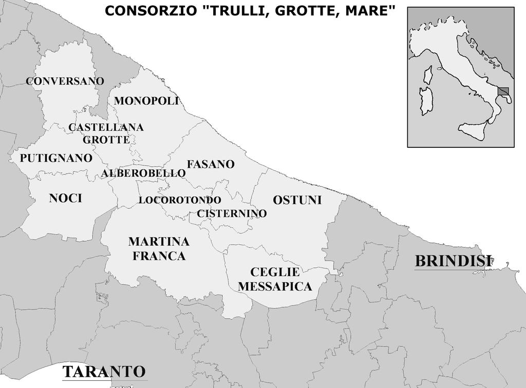 INTRODUZIONE L area considerata in questa nota, situata a cavallo delle province di Bari, Brindisi e Taranto, è quella del Consorzio Trulli, Grotte, Mare e comprende i territori dei comuni di