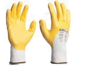 GPA458 Guanto in maglia poliammidica colore bianco senza cuciture, con palmo, dita e nocche rivestite 3/4 in nitrile colore giallo. Ottima resistenza all abrasione. Eccellente destrezza.