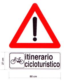 Esempio di cartello di pericolo generico con pannello integrativo, proposto dal Manuale per la realizzazione della rete ciclabile regionale - Regione Lombardia 19.