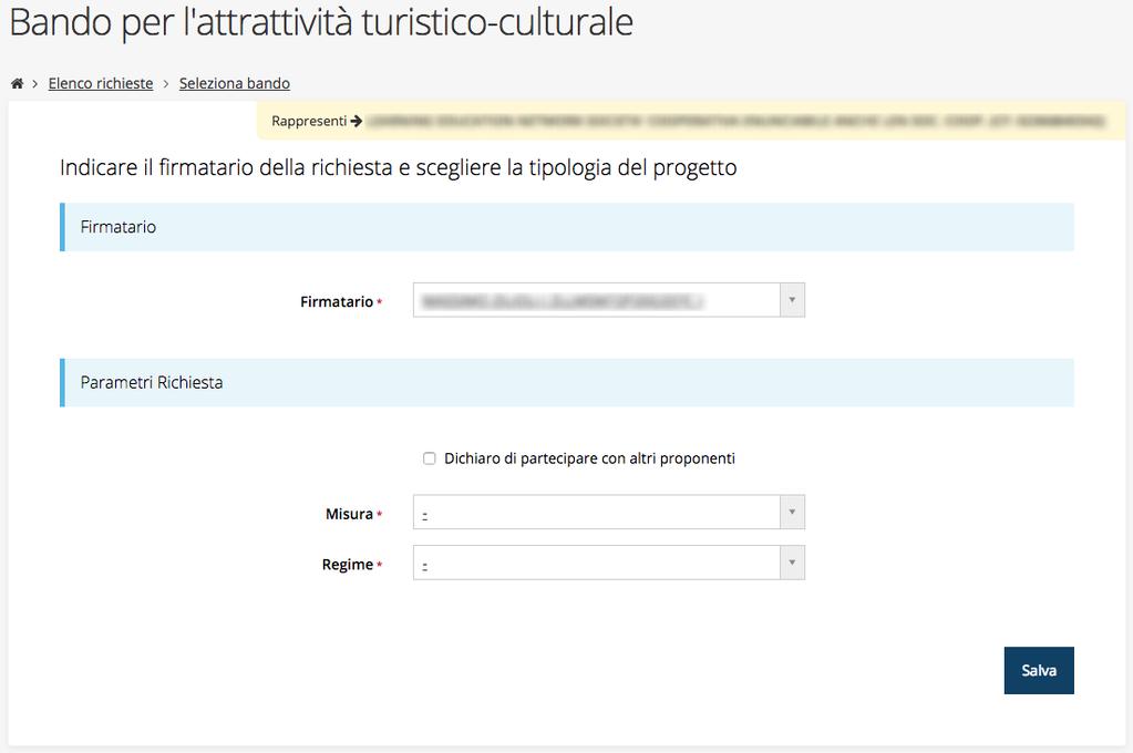 3.3 Inserimento richiesta Portati a termine i passi preliminari alla compilazione della domanda, per prima cosa sarà richiesto di specificare il firmatario della richiesta: Figura 6 - Selezione