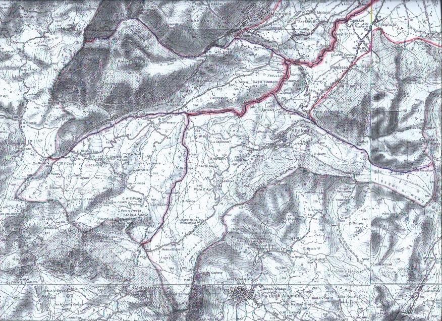 Fig. 11. L Alta Valle del Fiume Oreto (settore N.9) fra i rilievi della sx idrografica (settore N.7) a N e quelli della dx idrografica (settore N.13) ad E. Punti geografici.