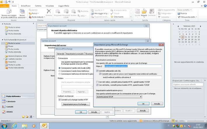 Nelle Impostazioni proxy Microsoft Exchange valorizzare le Impostazioni di connessione: https:// webmail.pubblica.istruzione.