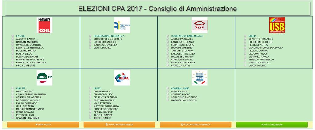 Dopo aver inserito il codice e cliccato sul pulsante Inizia operazioni di voto la procedura rende disponibile la prima scheda dove esprimere il proprio voto.