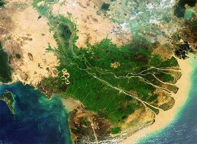 Al contrario della foce a estuario, la foce a delta è ramificata Cascate del Nilo Azzurro, Etiopia.