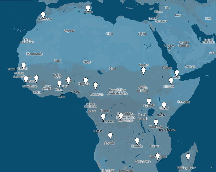 Le opportunità offerte dalla CNESC ai giovani in Africa MAROCCO: 6 TUNISIA: 6 SENEGAL: 19 SUDAN: 2 GUINEA CONACRY: 2 BENIN: 2 GIBUTI: 2 ETIOPIA: 10 GUINEA: 2 NIGERIA: 4 CAMEROUN: 10 GHANA: