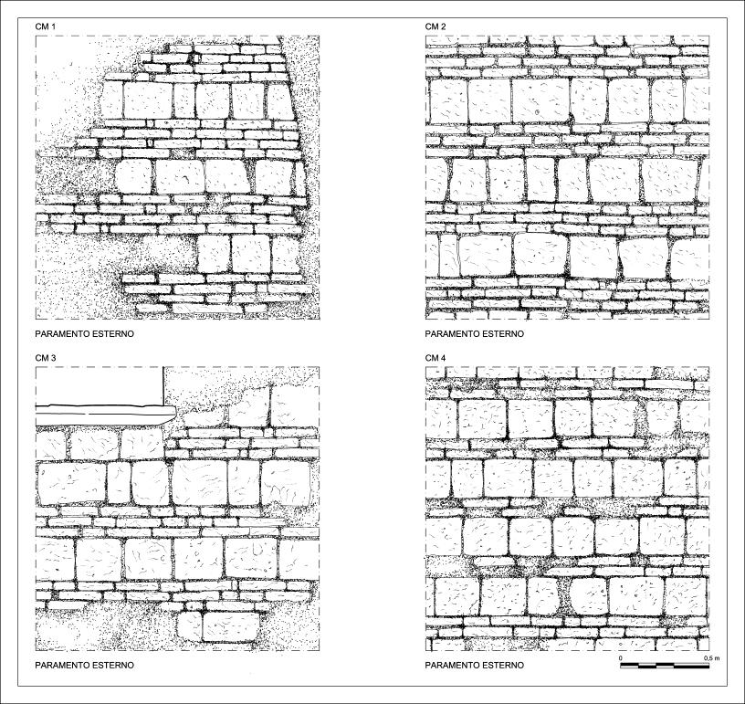 Napoli, murature listate (XIX sec.). CM1: edificio in via Anticaglia 25, con blocchetti alti 19 cm circa alternati a quattro filari di mattoni. CM2: edificio in vico S.