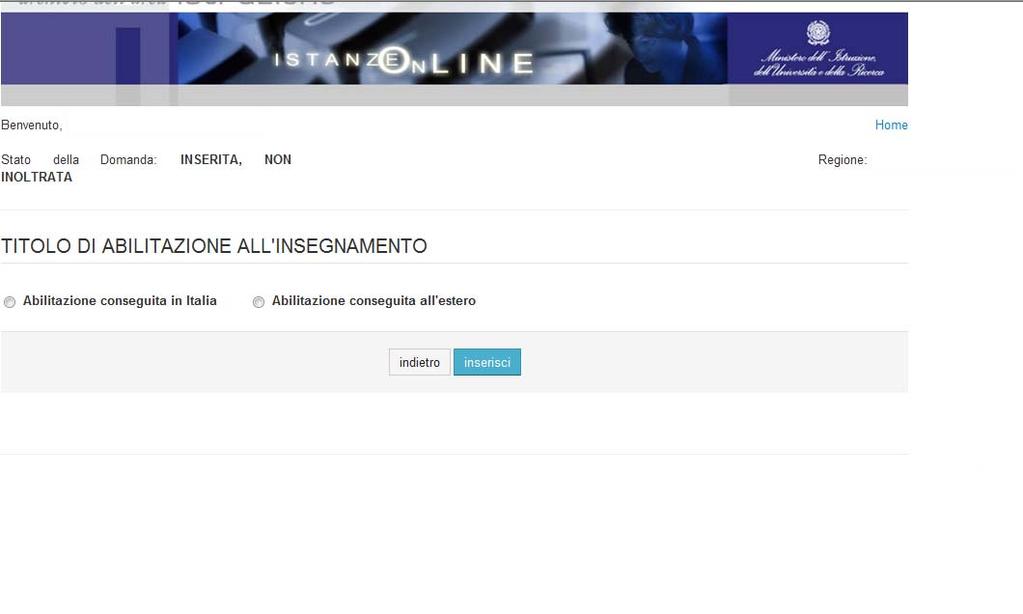 Se l utente ha effettuato un click sul tasto Aggiungi abilitazione all insegnamento, il sistema prospetta una pagina per la selezione, con apposito check della tipologia di conseguimento dell