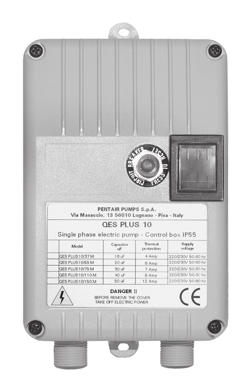NOCCHI QES PLUS QUDRO ELETTRICO MONOFSE PER IL COMNDO DI UN ELETTROPOMP SOMMERS D VVIMENTO DIRETTO COMPONENTI PRINCIPLI Cassa in plastica IP 55 Interruttore generale con disgiuntore Motoprotettore di