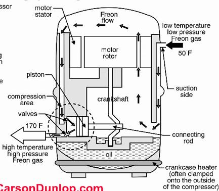 Motore : Rotore Statore Flusso del Freon Ingresso Freon Bassa Pressione Bassa Temperatura Pistone Zona di Compressione Valvole Albero Lato aspirazione Uscita Freon Alta Pressione Alta Temperatura