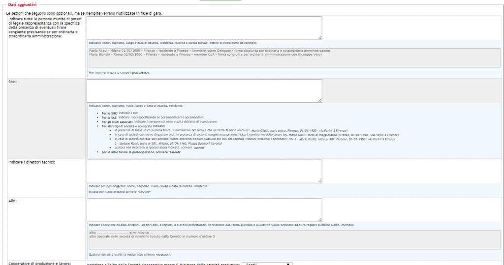 Dati aggiuntivi I dati aggiuntivi sono facoltativi: se compilati, saranno automaticamente riproposti all operatore economico nel