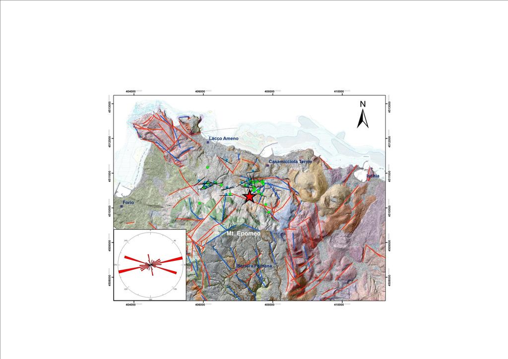 Fig.1- Localizzazione degli effetti cosismci raccolti in durante il rilevamento geologico: fratture (cerchi blu con le linee nere che rappresentano la direzione e l'immersione); fenomeni di collasso