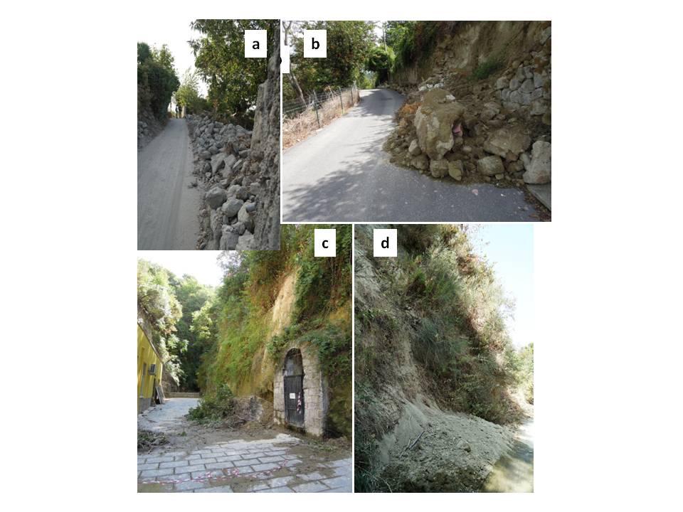 Foto 3: Fenomeni di collasso di muretti a secco a Casamicciola in via dei Carri (a), e in via Nizzola (b); piccole frane nei depositi