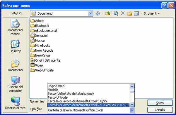 4.1.1.4 Salvare una cartella con un altro formato Microsoft Excel permette di importare dati e salvare le cartelle in formati diversi.