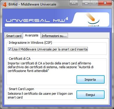 Inoltre, verificare che sia selezionata la voce "Usa il Middleware Universale per la smart card