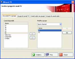Fare clic sulla scheda Canali TV nei gruppi. Fig. 9: Wizard TV Canali TV nei gruppi 17. Selezionare il gruppo da modificare nel menu a discesa Modifica gruppi. 18.