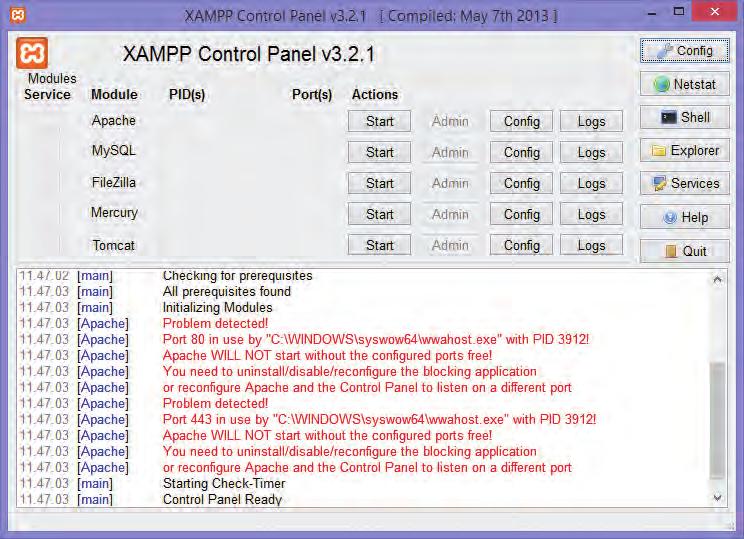 Joomla! 3.3 Guida all uso Figura 1.2 - Il pannello di controllo di XAMPP. NOTA In realtà potete anche avviare XAMPP prima di Skype.
