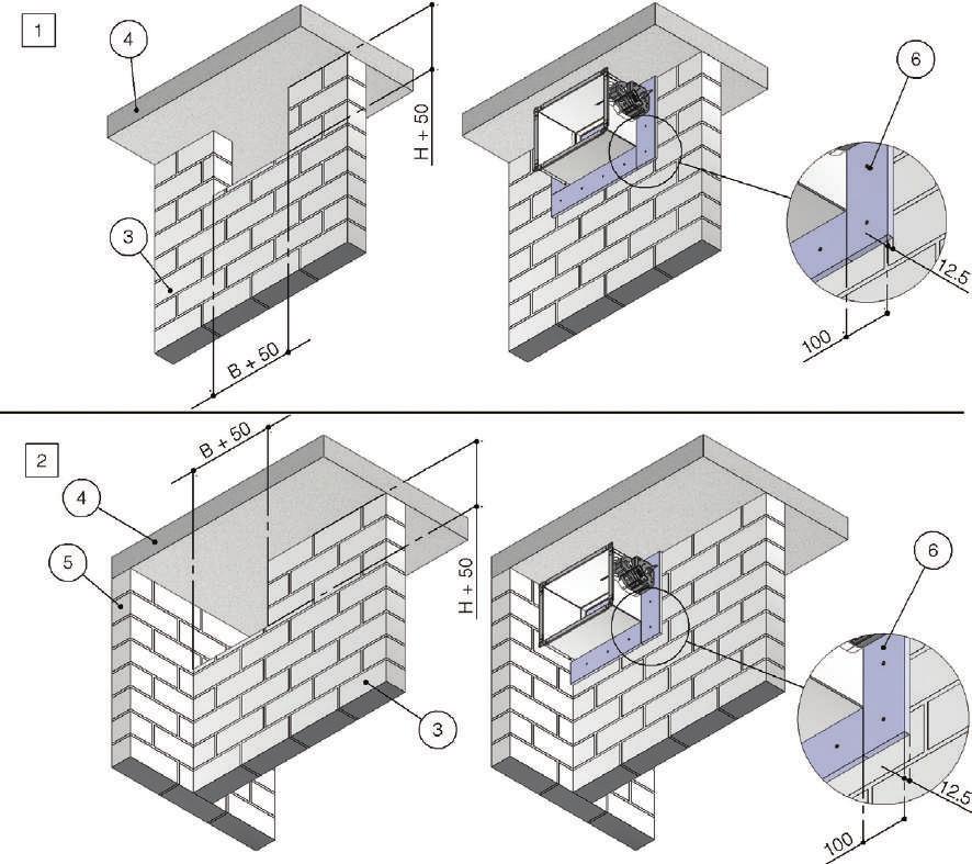 WKS25 Installazione Installazione in parete rigida verticale EI 120 S - Casi particolari Montaggio a contatto con soffitto o pavimento o parete laterale Le misure dell apertura sono le medesime a