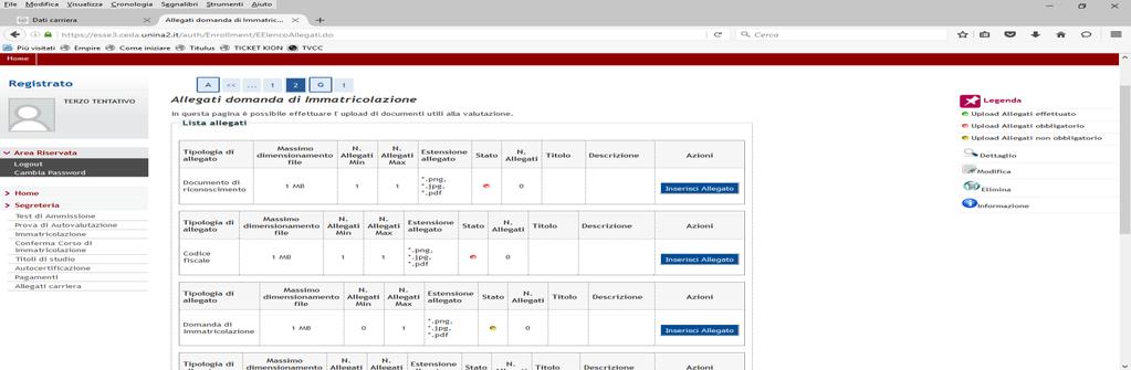 Cliccare su "Allegati Carriera" Cliccare su "Upload Allegati alla