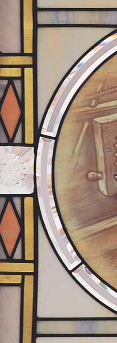 A destra: Questo dipinto del contachilometri usato dai pionieri è una delle dodici scene di pionieri dipinte sulle vetrate della sala d attesa al secondo piano (sotto).