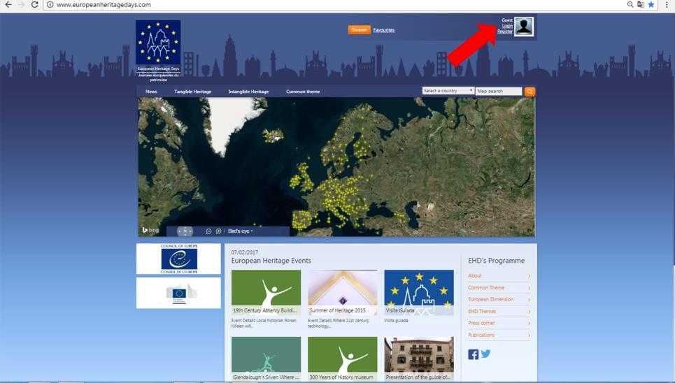 2 Premessa Home page di European Heritage Days. La freccia indica Login e Register.