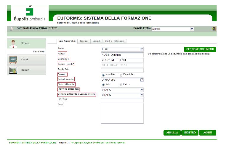 : è importante compilare anche i campi facoltativi per poter accedere alle futuri classi dei manageriali, per non dover completare le sezioni successivamente.