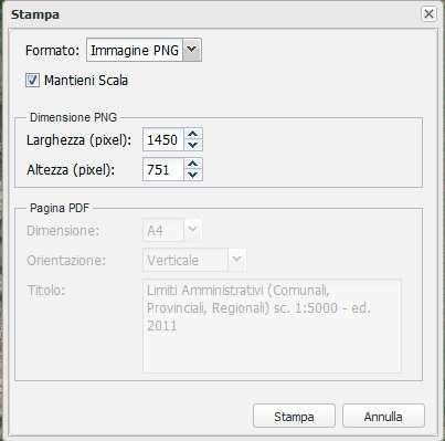 Funzione Stampa Permette di creare la stampa numerica (formato PDF o PNG) del contenuto della mappa.