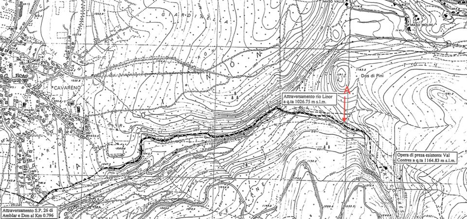Figura 26: planimetria di adduzione tra il punto A (1085 m s.l.m.) e il serbatoio Caset a servizio del comune di Dambel (dati Dolomiti Reti). 9.4.3. Potenza nominale e produzione dell impianto.