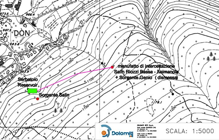 Dal serbatoio rompitratta tutte le portate (sia della sorgente Salin Riozzi sia della sorgente Animanoia) vengono convogliate verso il serbatoio a quota 1068 m s.l.m. con una condotta in acciaio DN 80 della lunghezza complessiva di 0,48 km.