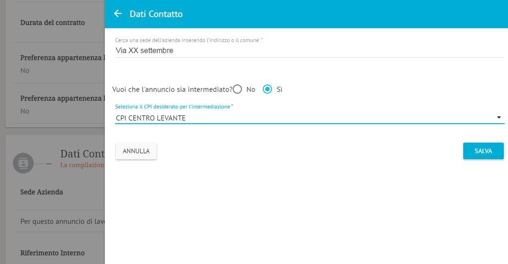 Se invece l azienda desidera avvalersi della mediazione, è sufficiente vistare la voce Sì e scegliere il CPI di riferimento dal menu a tendina.
