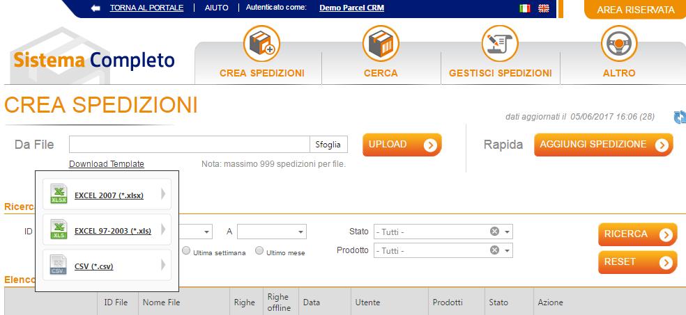 Caricamenti massivi 1/5 Per caricare più spedizioni al medesimo tempo, il sistema consente di importare i dati utilizzando 3 formati di