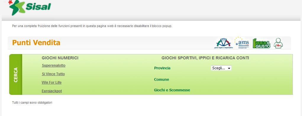 Guida ai servizi CENED Certificatore energetico Aggiornamento 13/11/2017 Fig. 55 SISAL. Ricerca punti vendita.